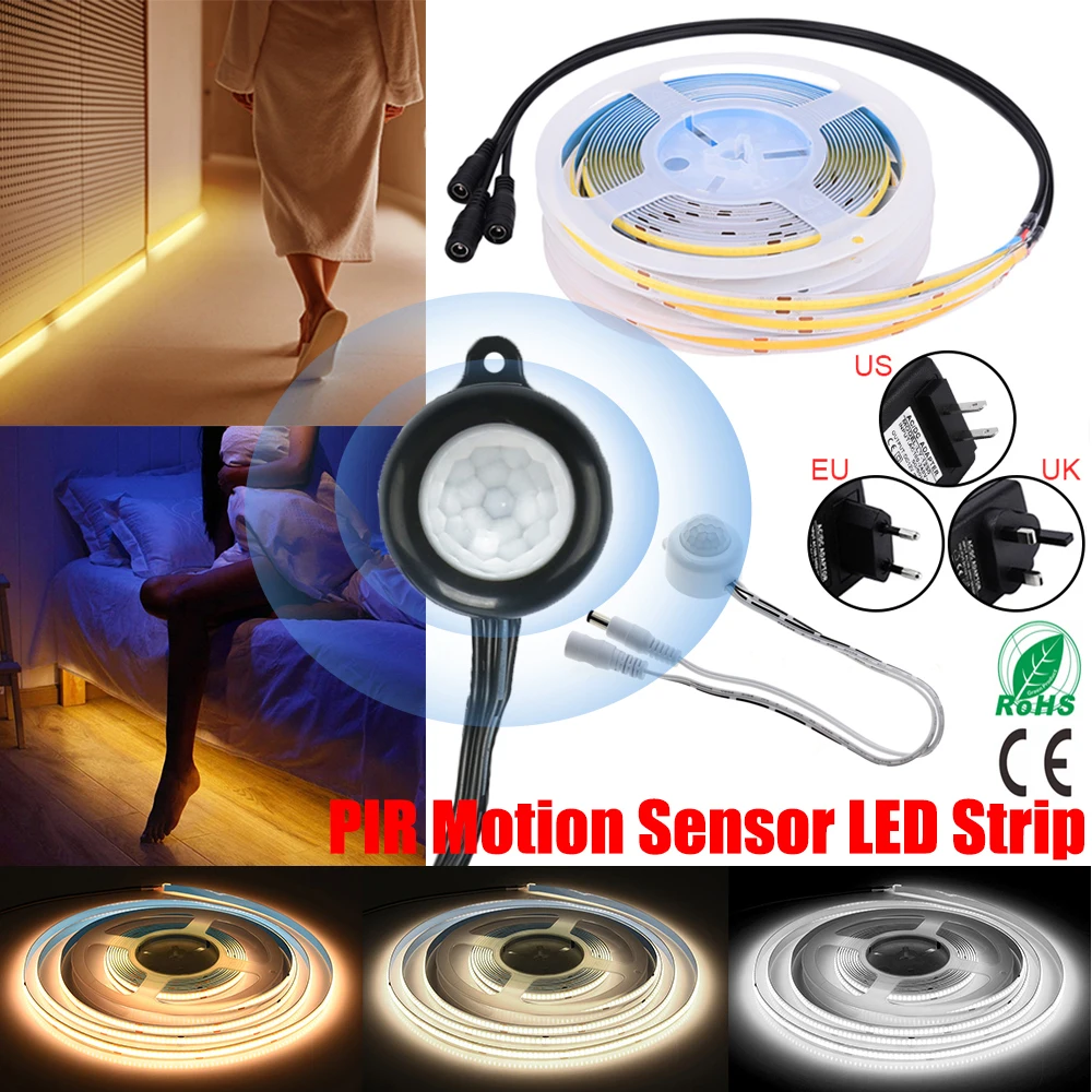 

Kitchen Cabinet Light Tape Sensor Light Room Decor COB LED Strip 12V PIR Motion Sensor Light Stairs COB Ribbon LED Strip Lights