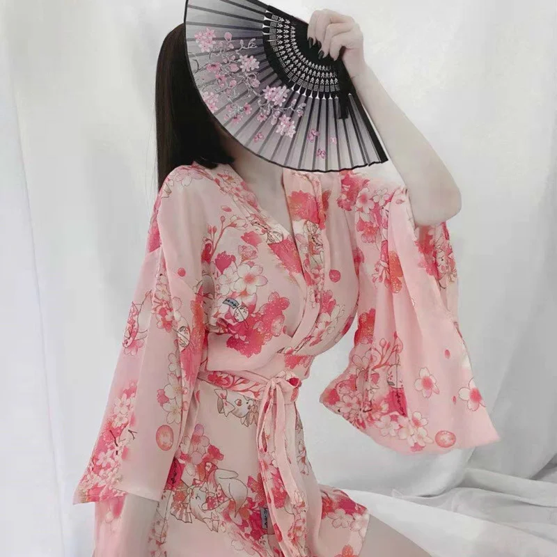 

Sexy Costume Costumes Underwear Women's Floral Kimono Chiffon Japanese Printed Kimono Suit Clothes And Bathrobes Lingerie Porno