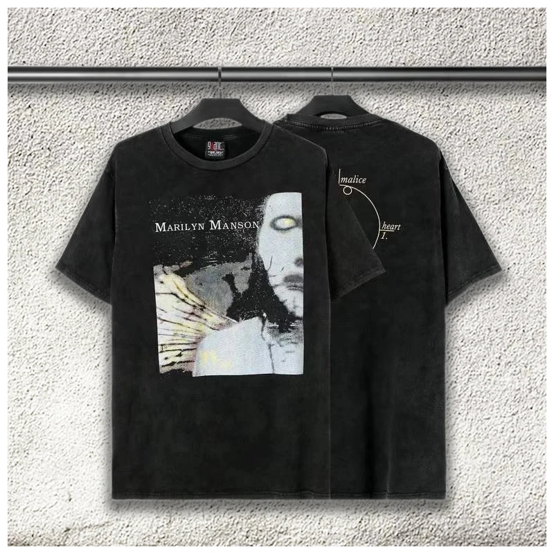 

Harajuku dark street style Marilyn Manson printed T-shirt destruction washed old men's and women's T-shirt loose short sleeve