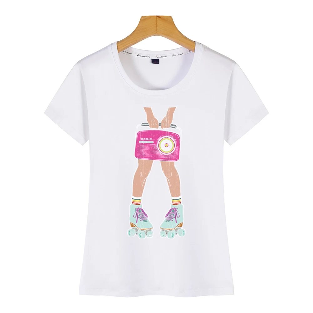 Топы футболки для женщин Роллер Дерби девочек Скейтер Ретро стиль радио модная