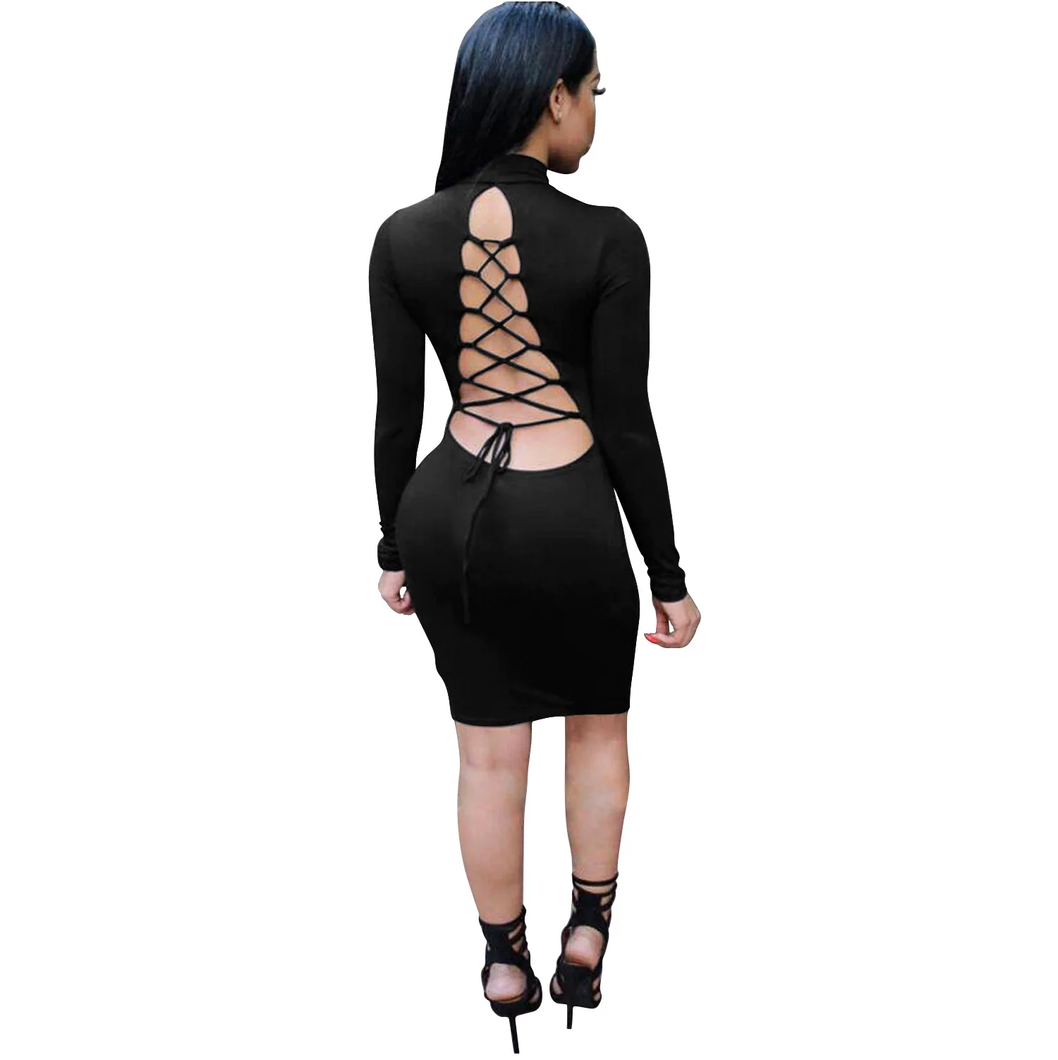 

WEPBEL Dress Women's Casual Bandage Slim Long Sleeve Dress Summer Sexy Solid Color O-Neck High Waist Backless Dress