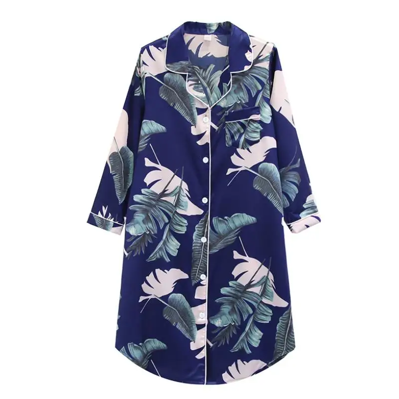 CAIYIER Sexy Silk Night Dress Winter Women Long Sleeve Sleepwear Flower Print Lingerie Sleepshirt Large Size Home Dress M-3XL