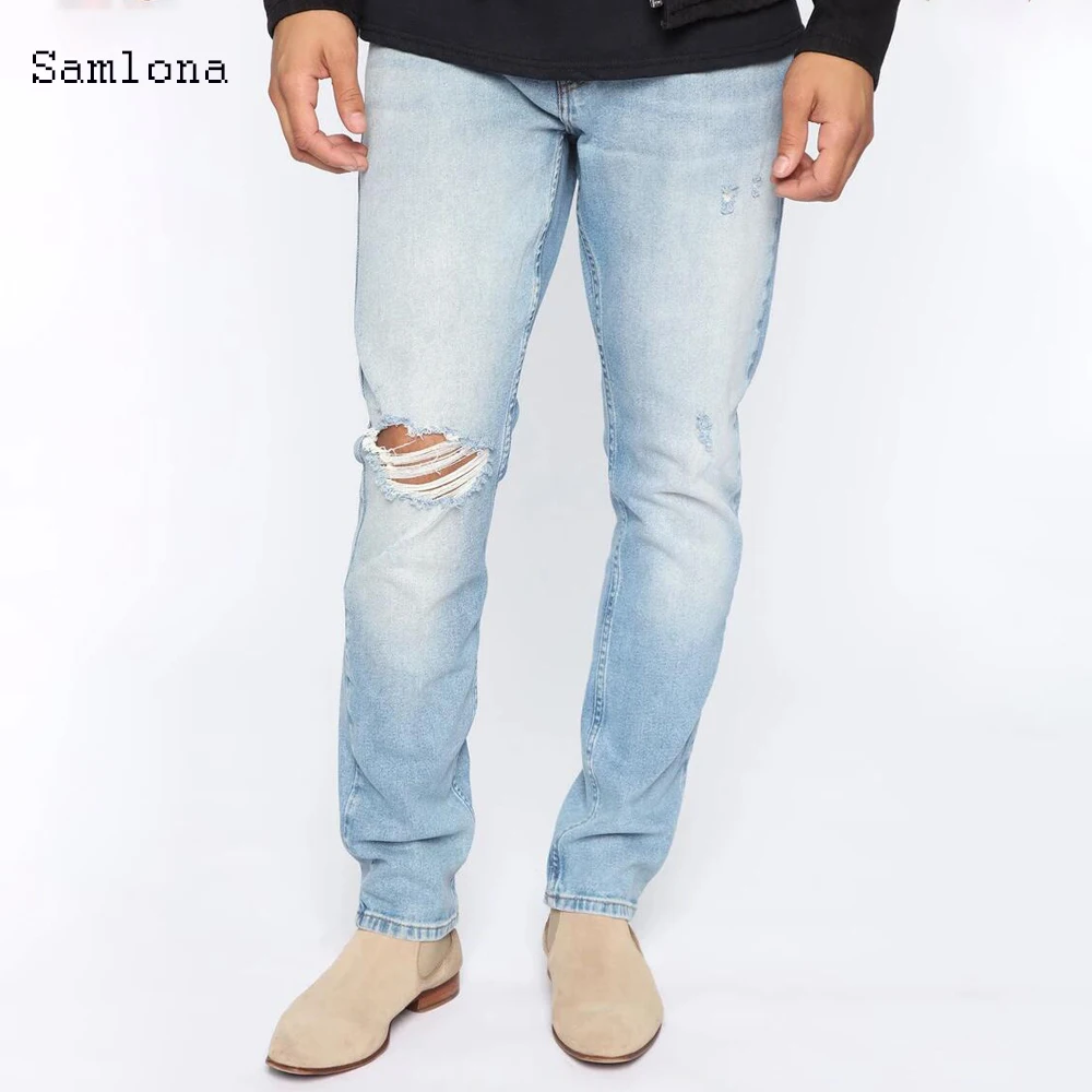 Samlona Men Jeans Trousers 2020 European and American style Male Fashion Jeans Casual Loose Ripped Hole Light blue Denim pants
