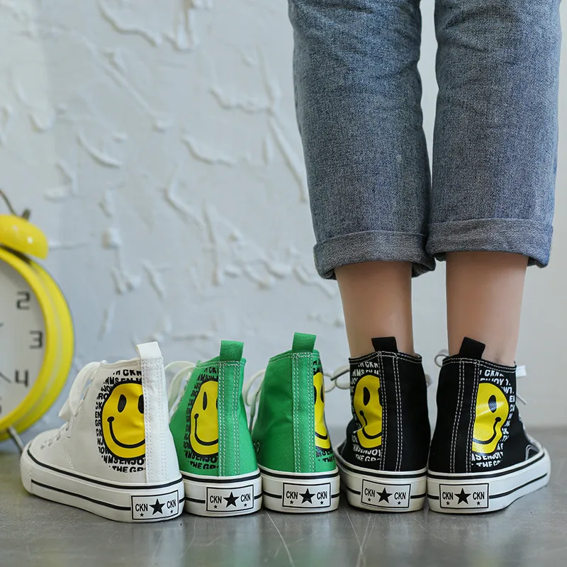 

Fashion Green Platform Canvas Sneakers for Women High top Flat Women Canvas Shoes Casual Retro Faces Print Woman Vulcanize Shoes