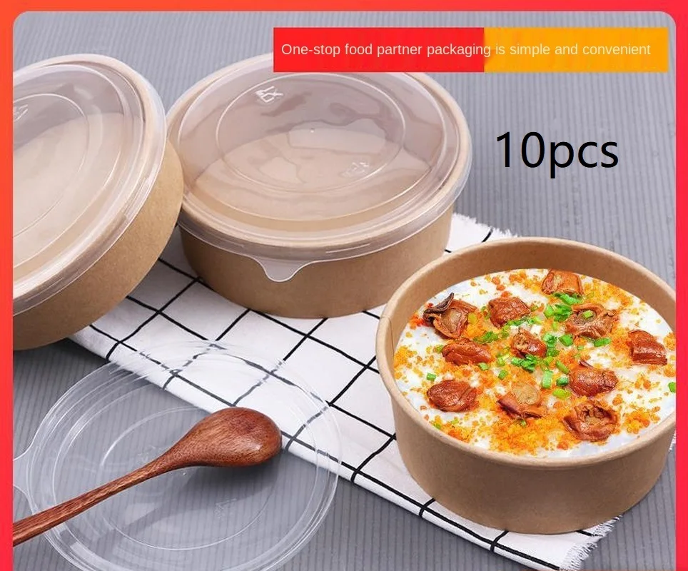 

Wholesale Round Lunch Box Disposable Takeaway Packing Box Kraft Paper Bowl With Lid Salad Bowl Congee Bucket Soup Bowl