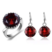szjinao silver jewelry set for women vintage red garnet big gemstone earrings ring set real 925 sterling silver fashion jewelry