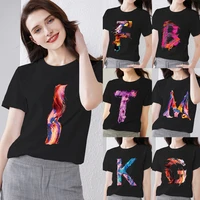 simple women clothing t shirt casual jacket black commuter 26 letters initial name printing ladies fashion o neck short sleeves