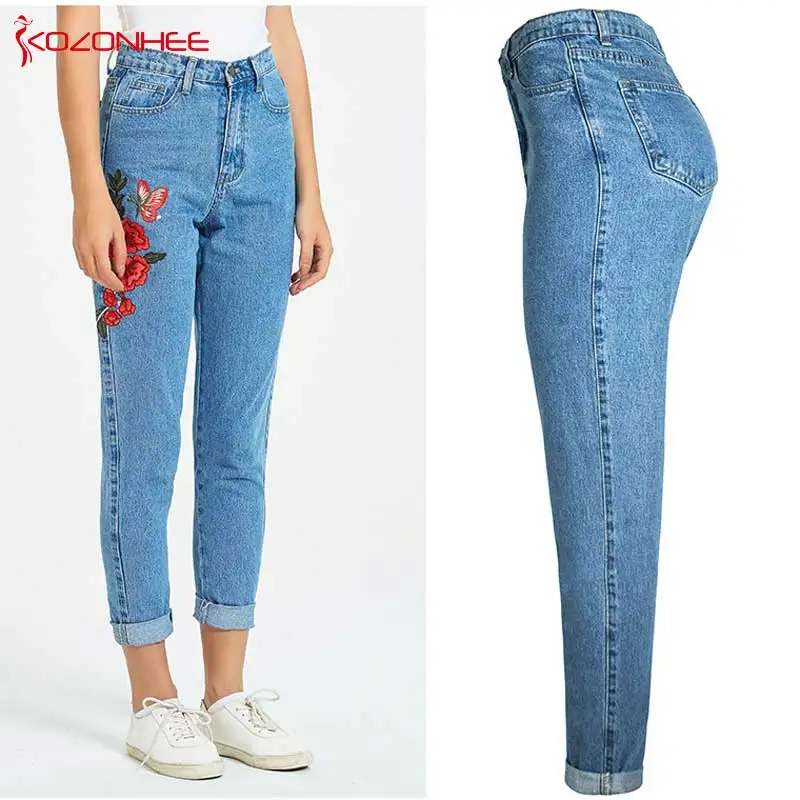 Хлопковые неэластичные джинсы с вышивкой для мам высокой талией вышитыми розами