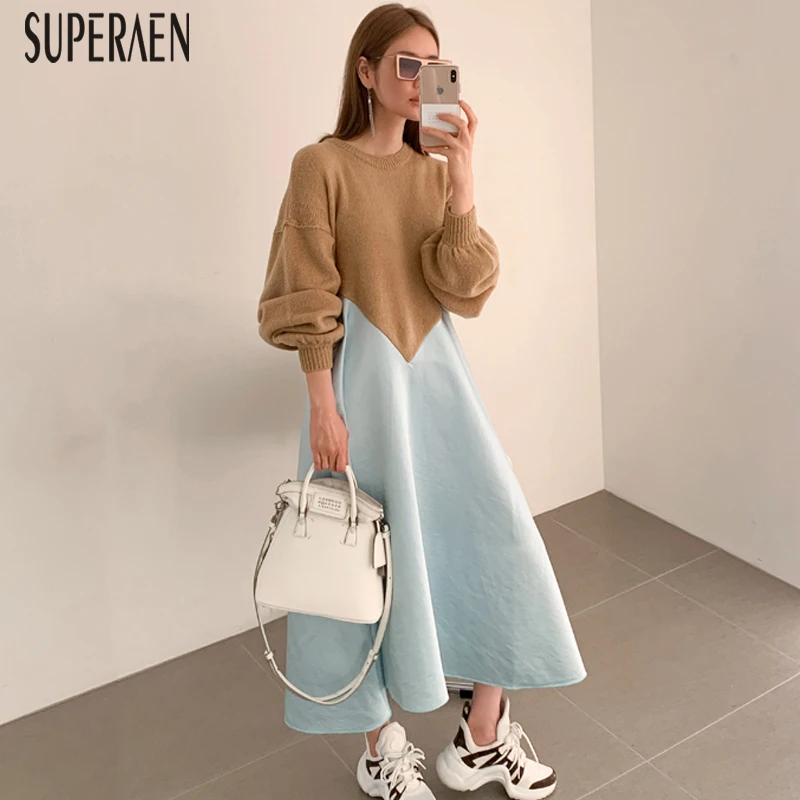 SuperAen, новинка, Осеннее и зимнее трикотажное платье, женское однотонное повседневное платье, Темпераментная Женская одежда