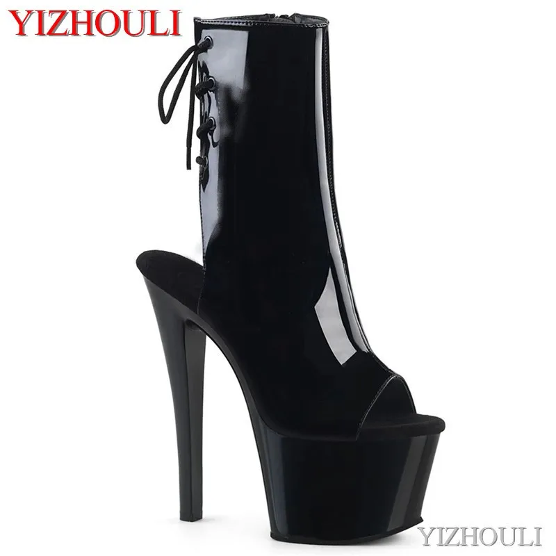 

17cm high heel, low heel boots for dinner party, 7 inch high heel shoes for stage model pole dancing, bright surface, ankle boot