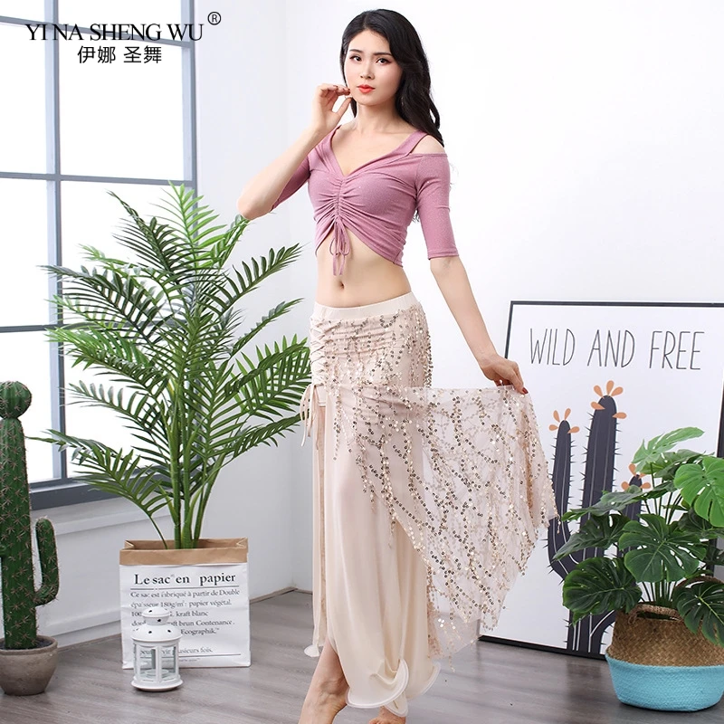 

Женский костюм для танцев, с блестками и кисточками, для начинающих, костюмы для занятий восточными танцами, комплект из 2 предметов с юбкой, ...