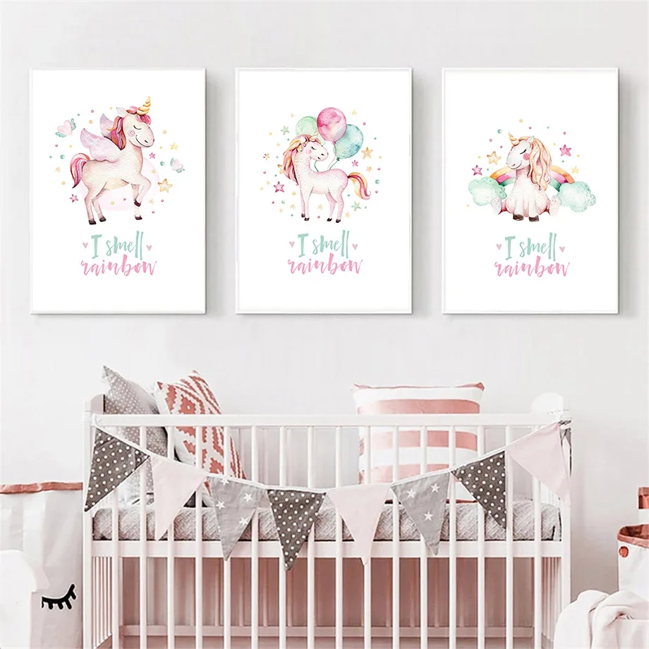 

Nursery Unicorn Canvas Painting Coloured Flags Bowknot Poster And Print Inspirational Quotes Wall Art Nordic Baby Kid Room Decor
