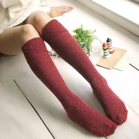 female knitted long stockings autumn winter fashion thicken roll up hem wool over the knee stockings solid color