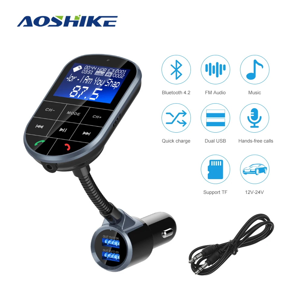 AOSHIKE, 2,4 дюймов, 12 В, 24 В, автомобильный Bluetooth, беспроводной приемник, fm-передатчик, прикуриватель, 5 В, а, MP3, двойной USB, AUX