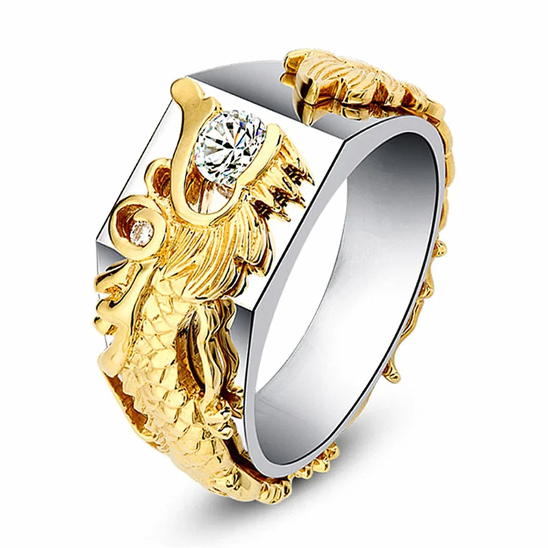 

Hot Sale Domineering Dragon Pattern Color Separation Ring Plated 18K Yellow Gold Diamond Faucet Ring