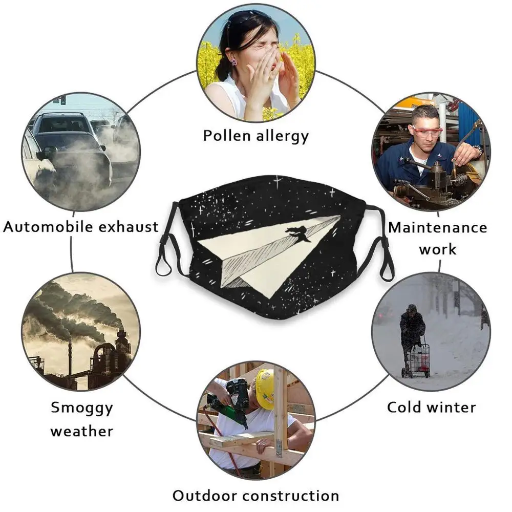 

Girl Riding Paper Airplane Through Starry Sky Funny Print Reusable Pm2.340 Filter Face Mask Paper Airplane Paper Airplane
