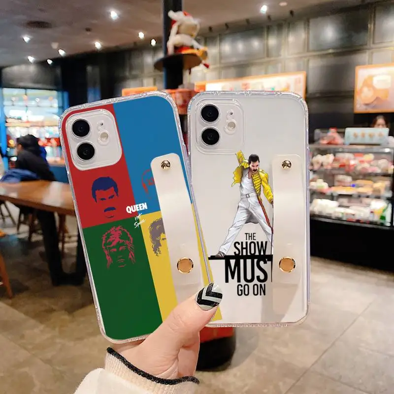 

Freddie Mercury Queen Phone Case Wrist Strap For iPhone 7 8 11 12 X XS XR MINI Pro Max Plus Hand Band Transparent Clear coque