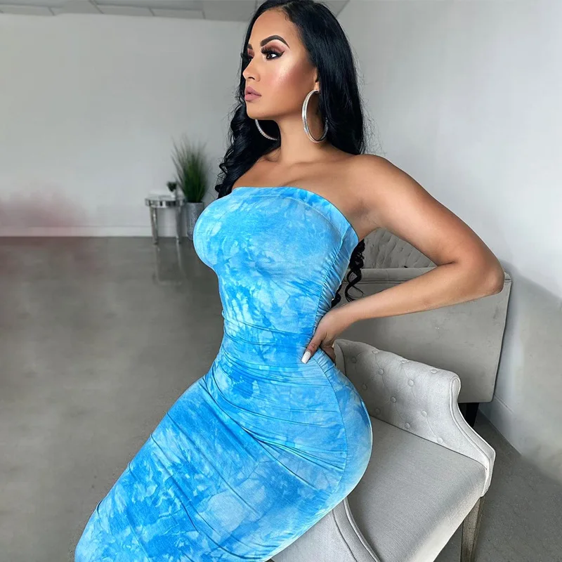 BKLD Off Shoulder Ruched Long Bodycon Bandage Dress Fashion Blue Tie Dye Printed Summer Sexy Sleeveless Backless Strapless | Женская