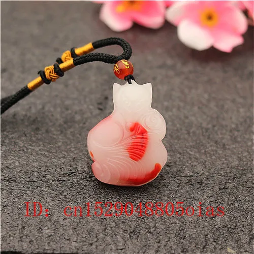 

Natural Red White Hetian Jade Stone Fox Pendant Rose Necklace Chinese Jadeite Jewelry Charm Carved Amulet Gifts for Women