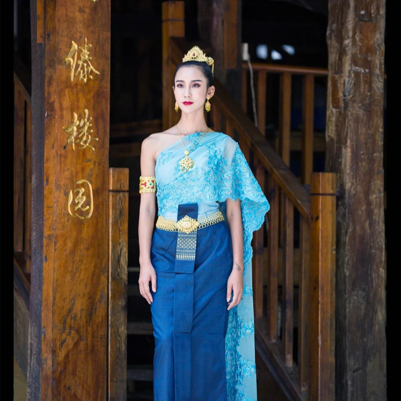 Thai Costume Single Shoulder Tops Skirts Shawl Hotel Restaurant Cashier Dresses Thailand Dress Traditional Clothing for Women