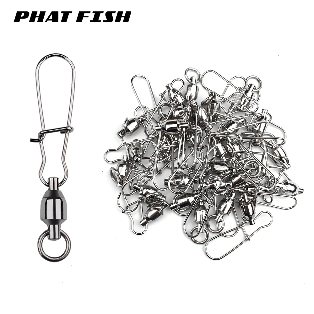 PHAT FISH 50pcs Copper Ball Bearing Swivels with Stainless Steel Nice Snaps Line Lures Connecters Up 100kg Fishing Accessories