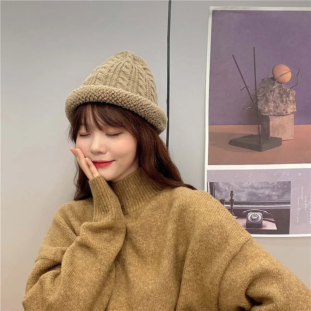 

Korean Style Knitted Hat Autumn Winter Thick Warm Curled Twist Wool Cap Simple Wild Candy Color Women Ear Protection Beanie