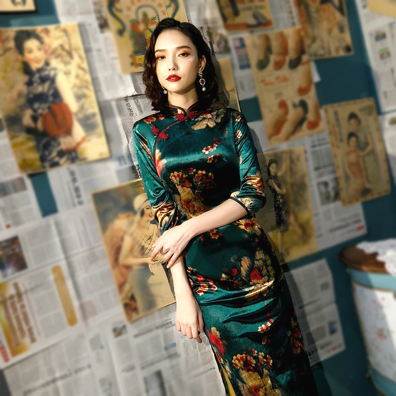 L-5XL, женские осенние велюровые платья Cheongsam, плюс размер, бархатное позолоченное традиционное китайское платье, Зеленое Длинное Qipao