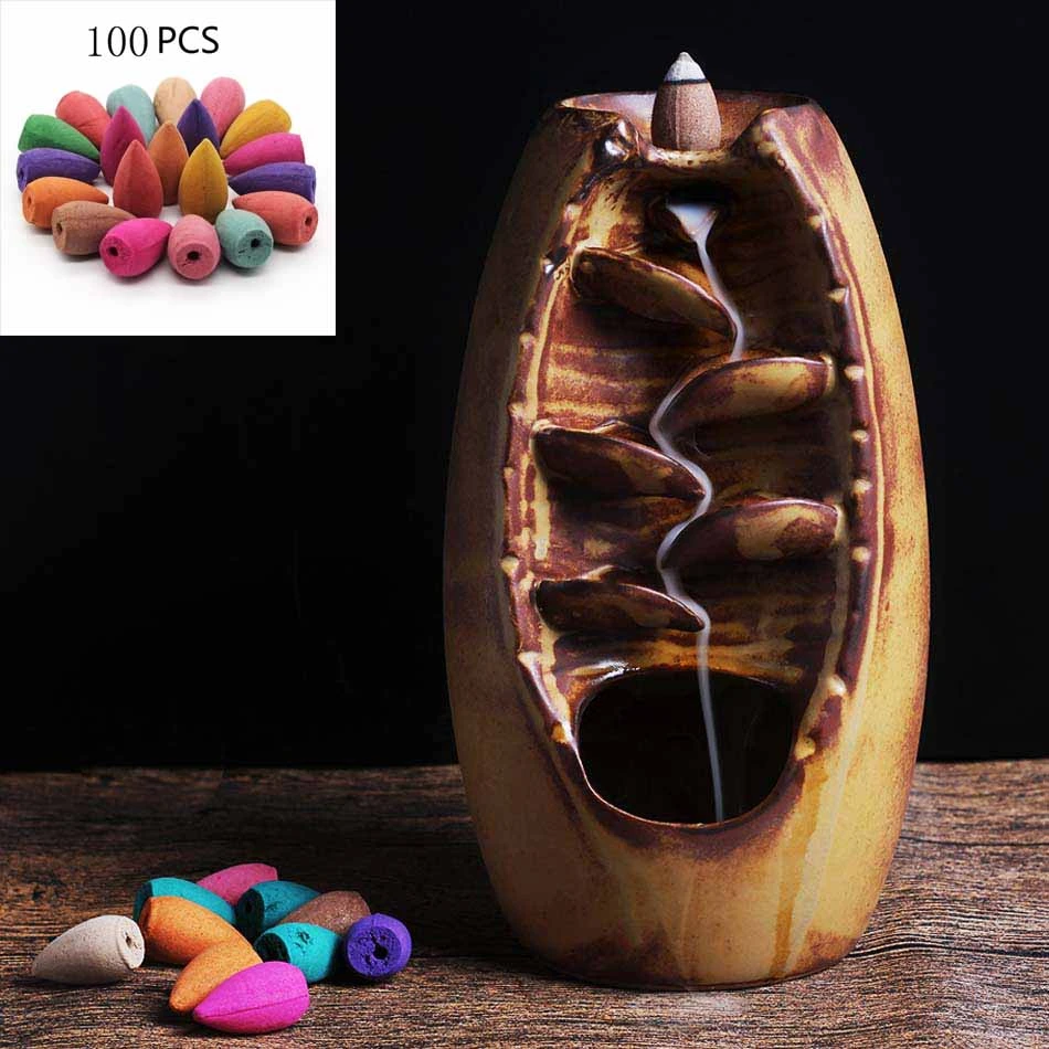 Burner with 100PCS With100Cones Бесплатный подарок водопад ладан горелка Керамическая ладан держатель вариант для смешанных пирамидки благовоний(размер горелки L и Размер M - Цвет: Burner with 100PCS