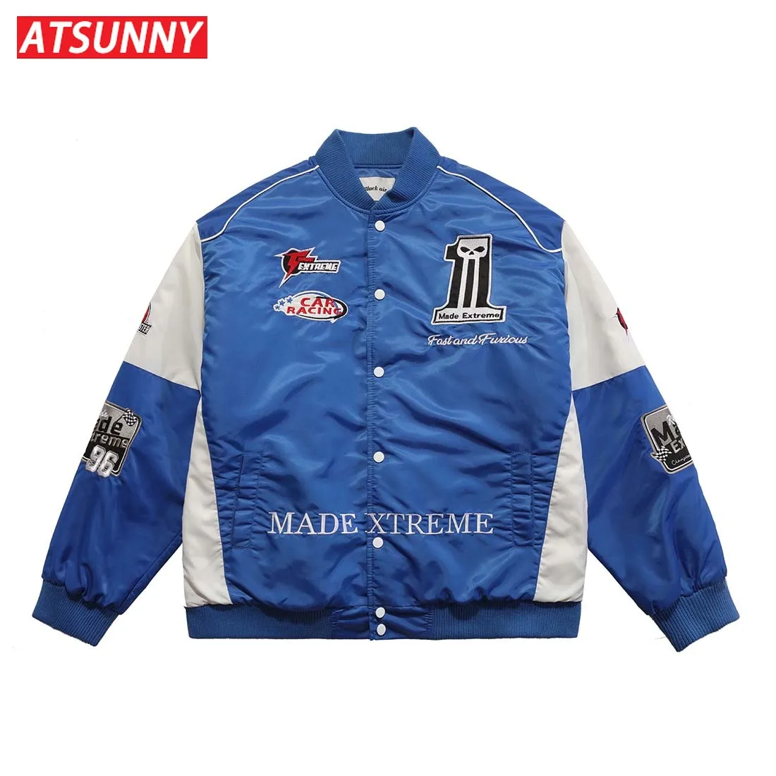 ATSUNNY Racing embroidered jacket Stitching color American retro Parkas Thicken national tide autumn and winter cotton coat