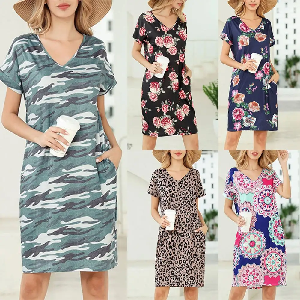 

Women Summer Casual V Neck Short Sleeve Floral Print Pockets Mini Loose Dress