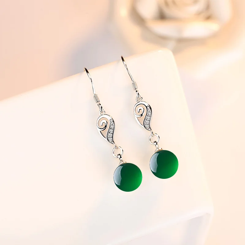 925 серебро Нефритовая серьга натуральный зеленый халцедон Агат модные