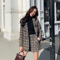 2021 autumn winter high quality blazer high waist shorts suit tweed 2 piece set double breasted jacket plaid woolen ropa mujer
