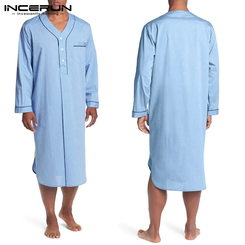 INCERUN Men Sleep Robes 2022 Long Sleeve V Neck Button Homewear Leisure Cozy Bathrobe High Quality Mens Nightgown Pajamas Dress