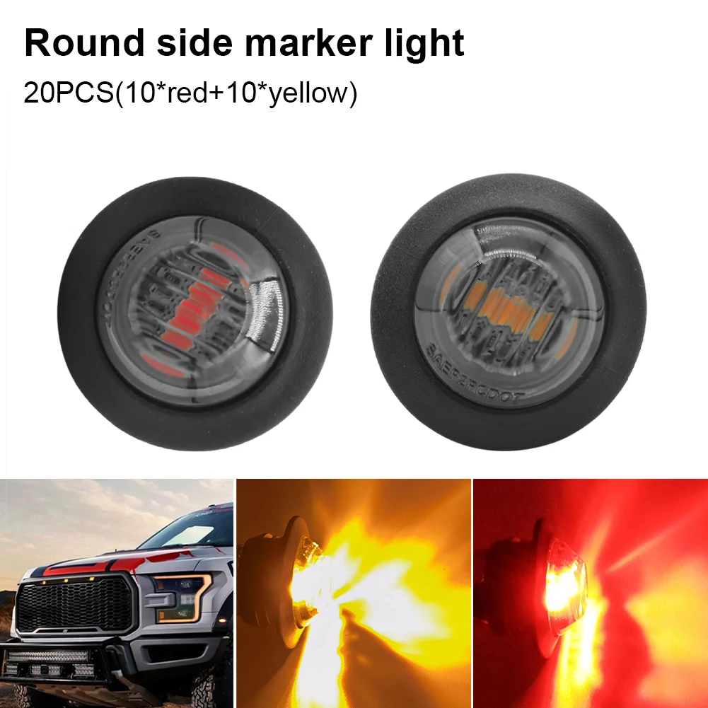

20PCS 3/4 Inch Mini Trailer Round Side Marker Lights 12V Smoked Shell 3LED Amber Red Warning Lights for Trucks Trailers Tractors