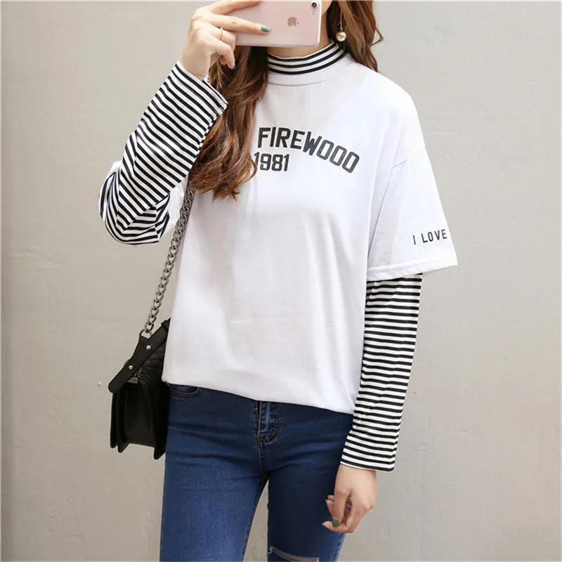 Весенне-осенняя женская футболка с надписью в полоску пэчворк кэжуал свободный