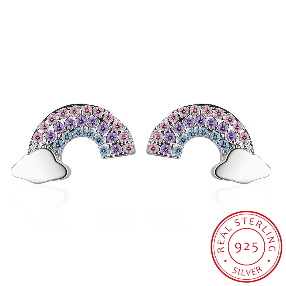 

100% 925 однотонные ювелирные изделия из настоящего стерлингового серебра красочные CZ радуги и облака, серьги-гвоздики для женщин друг для дев...