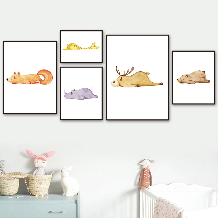 

Deer Rhino Fox Bear Giraffe Cute Animal Wall Art Print Canvas Painting Girl Boy Nordic Poster Wall Pictures Baby Kids Room Decor