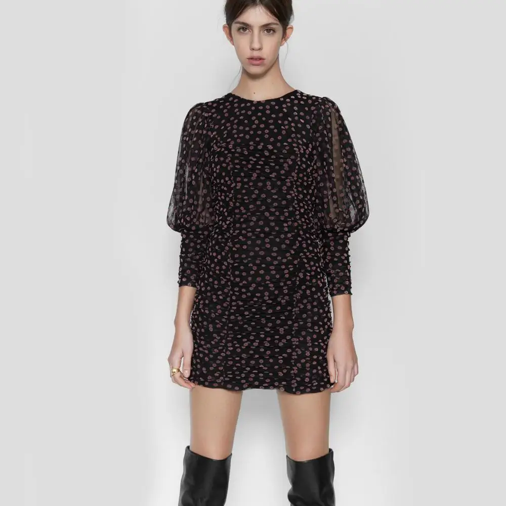 Женское мини платье с принтом ZA весеннее плиссированное длинным рукавом и