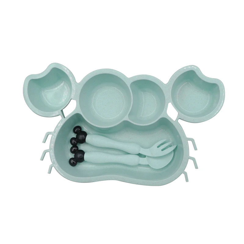 Green Set 3 шт., детская посуда для кормления с рисунком краба, детские блюда, детская посуда для еды, набор посуды с антигорячей тарелкой, тренировочная чаша+ ложка+ вилка - Цвет: Green Set
