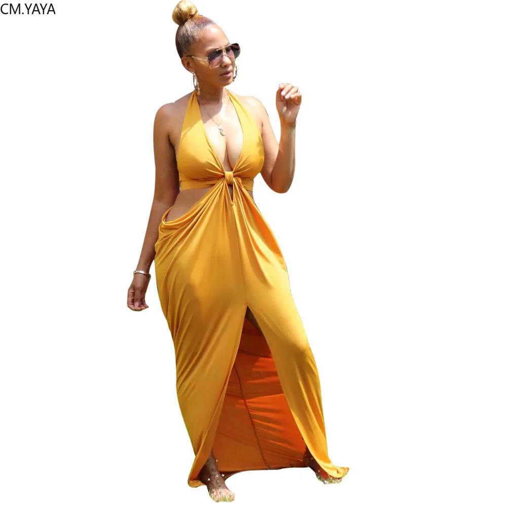 CM.YAYA Women Halter V-neck Open Back Split Irregular Maxi Dress Sexy Party Club Floor Length Beach Long Dresses Vestidos | Женская