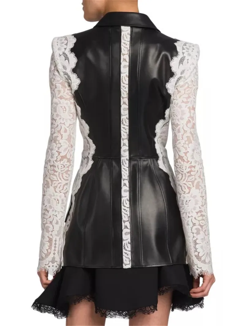 New Lady Autumn Fashion brand Leather Jacket Lace Patchwork Long Sleeve V-neck Short Outwear Sheepskin jacket