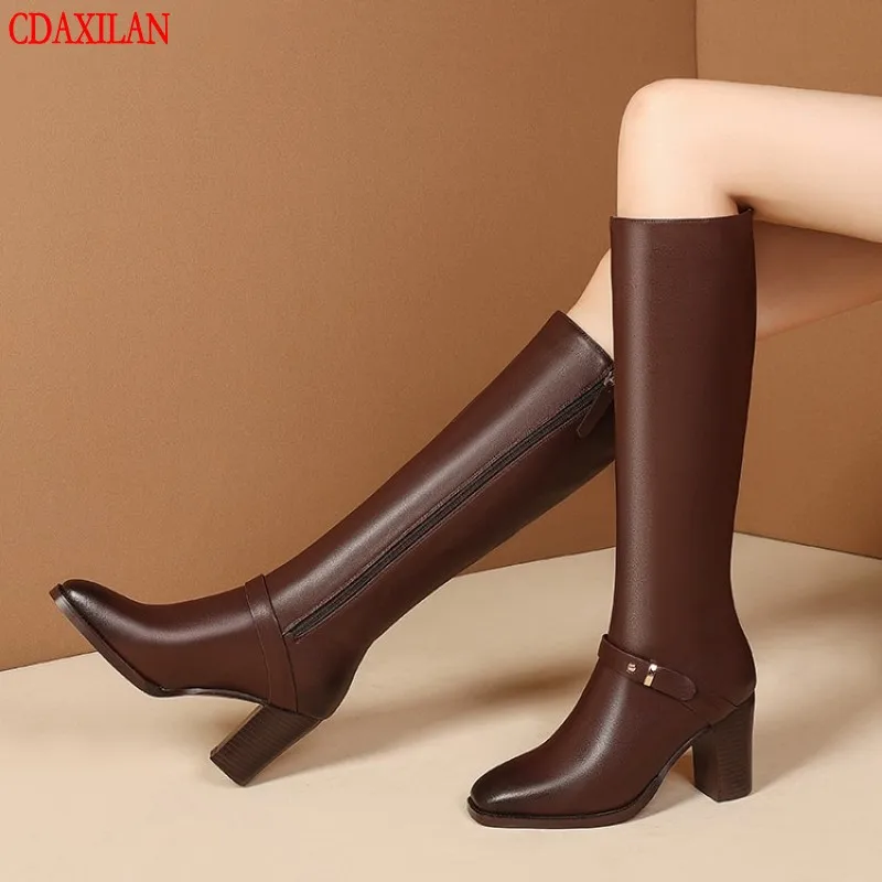

CDAXILAN NEW to knee -high boots women genuine cow leather side zipper high-heel square-heels ridding equstain boots ladies