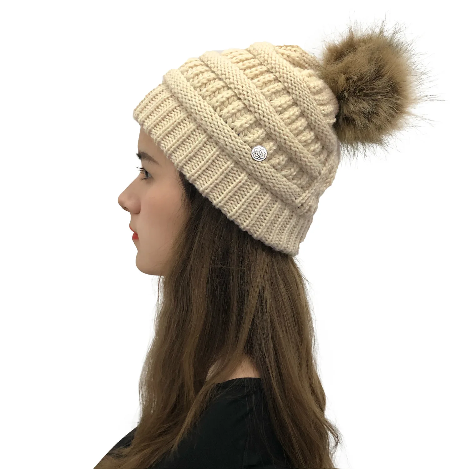 

Women's Winter Soft Knit Beanie Hat with Faux Fur Pom Pom Thick Cable Knit Faux Fuzzy Fur Pom Skull Cap Cuff Beanie