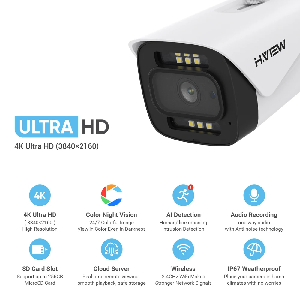 Камера Наружного видеонаблюдения H.View полноцветная камера ночного видения 8 Мп 4K