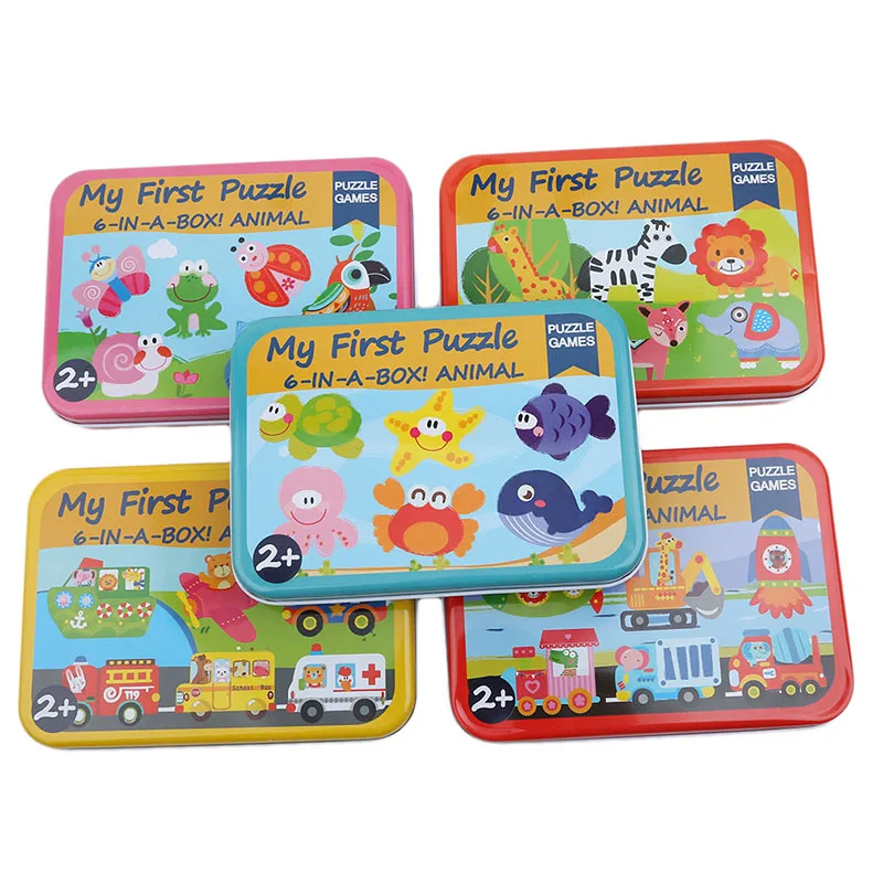 

Baby toys 6 in 1 iron box cartoon animals Wooden puzzle for children Montessori early educational toys gifts for kids CX899067