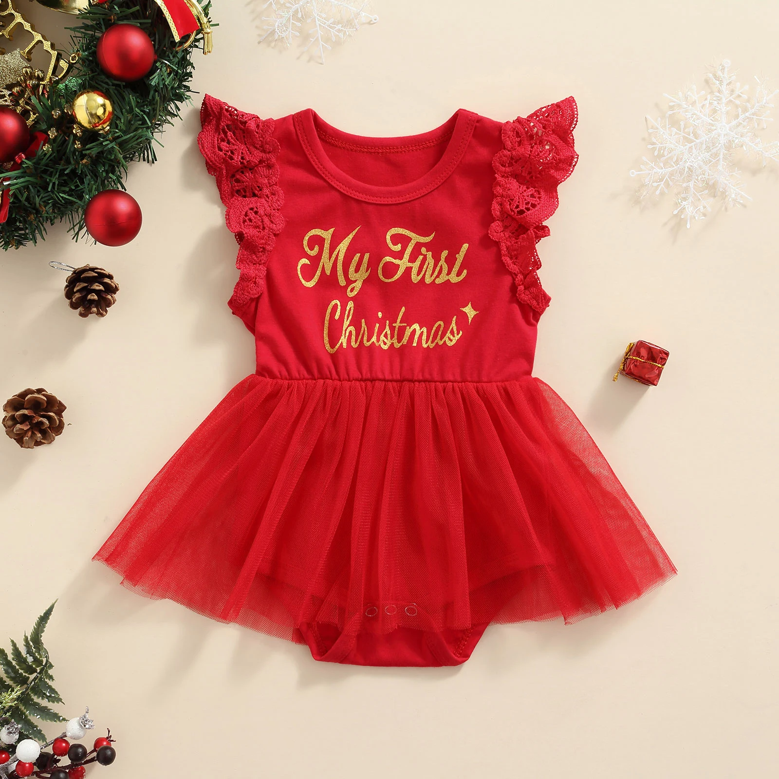 

New Christmas Romper Newborn Baby Girls Clothes Sleeveless Lace Tutu Dress Letter Print Jumpsuit Tops Yarn Skirt Triangle Crotch