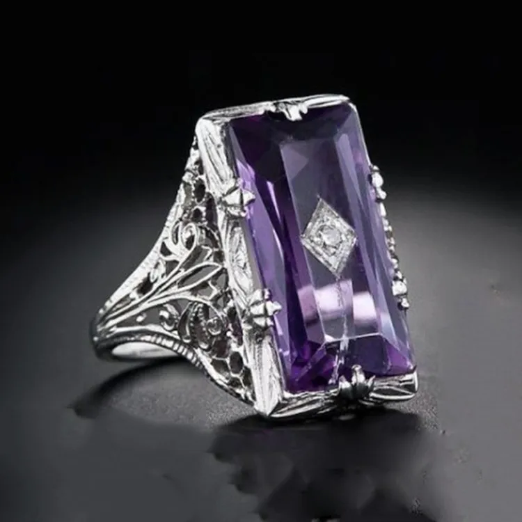 

Fashion 2022 Female Ring Rectangular Amethyst Hollow Through Flower Purple Ring for Women Girl Birthday Jewelry Hot