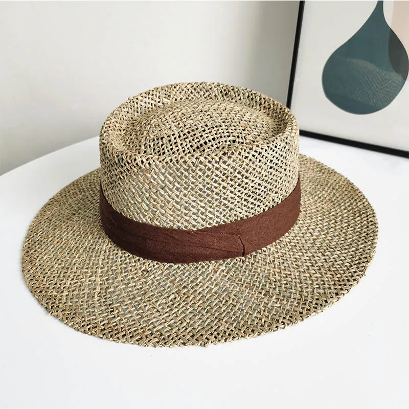 Плетеная вручную соломенная шляпа с плоским верхом Солнцезащитная сетчатая