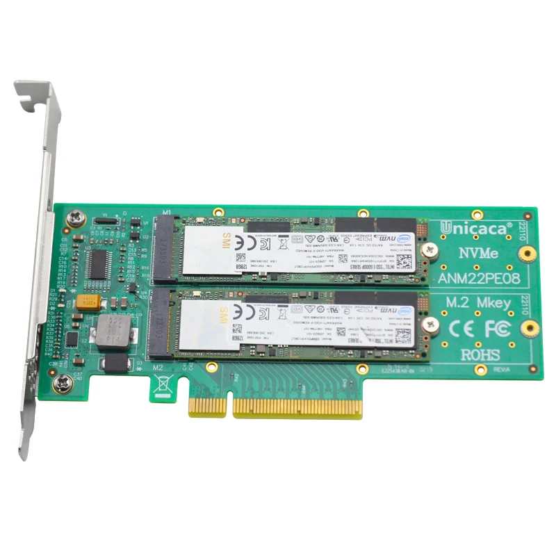 Адаптер UNICACA ANM22PE08 SFF8639* 2 M.2 PCIe3.0 X8 12 ГБ/сек. M.2 exp rise(поддержка nvme устройства