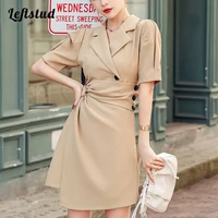 suit collar button pleated twisted asymmetric high waisted dress 2022 spring elegant short sleeved mini short dresses women
